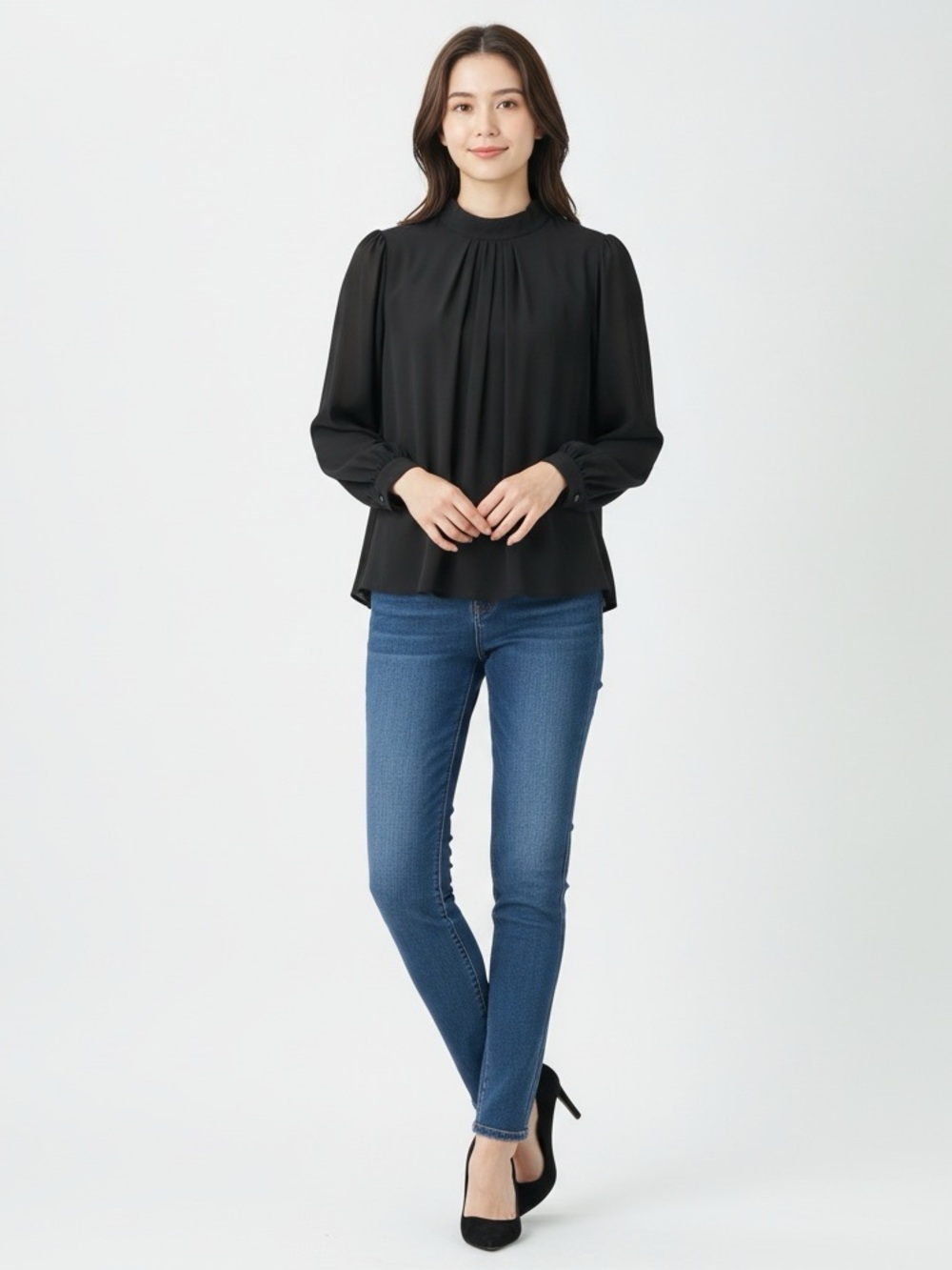 Black Long-Sleeve Pleated Mock Neck Blouse